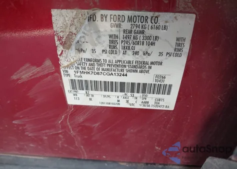 2012 Ford Explorer Xlt из США, поврежденный, VIN 1FMHK7D87CGA13244